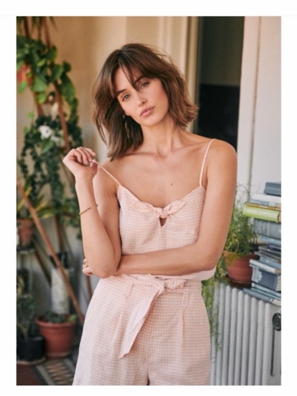 Sezane Pink Gingham linen Tie-Front top. Very good condition.